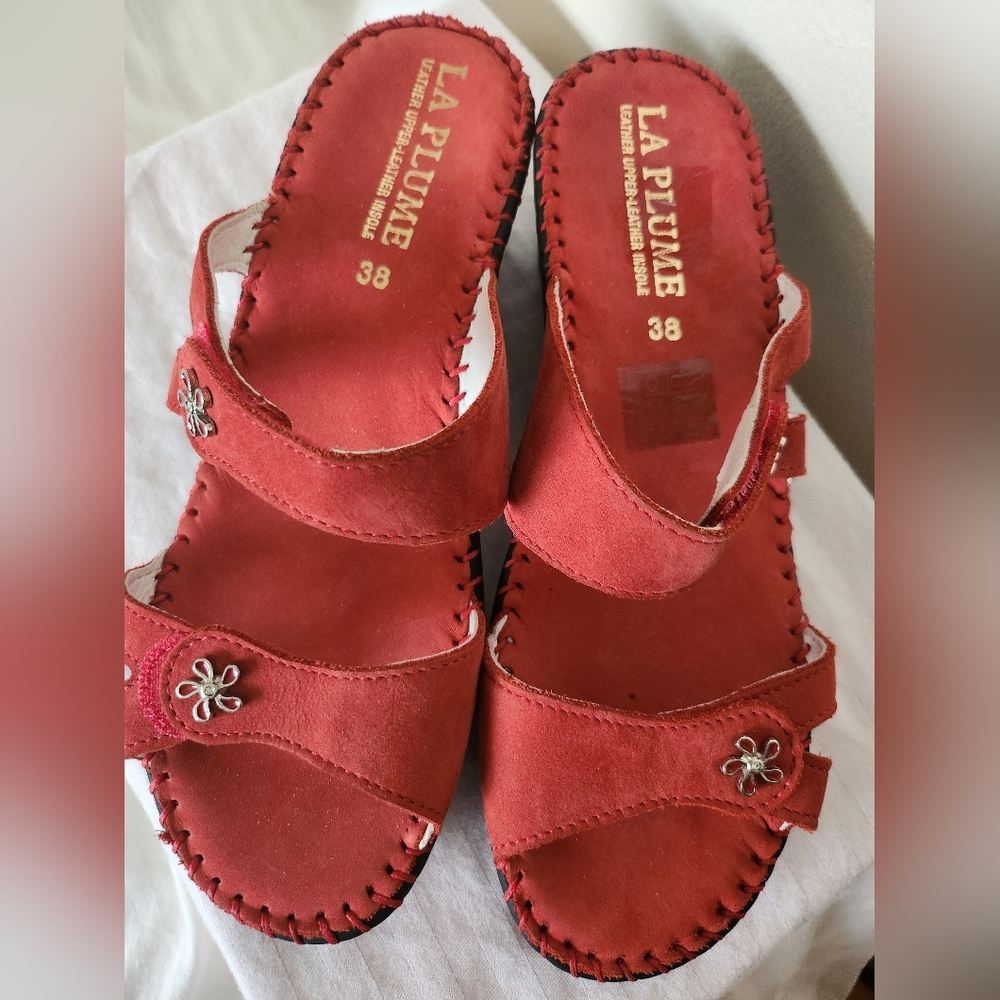 La Plume Charese Double Straps Red Nubuck Leather Sandals Made in Italy Size 38 - Picture 7 of 15